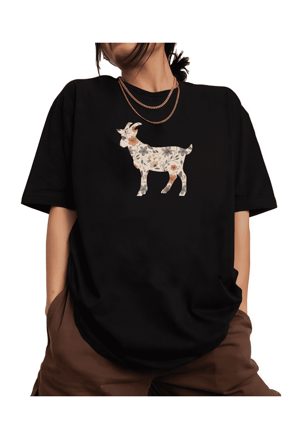 Black Floral Goat Print Tshirt Graphic Tees Nature Animal Shirts S-5XL Tops
