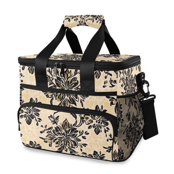 Black Floral Gold Background Insulated Lunch Bag 15L Cooler Box for Women Men Work Camping Beach Travel
