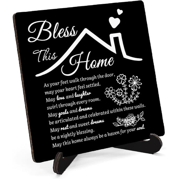 Black Floral Housewarming Wooden Stand Sign 5x5 Inch, Bless This Home House Blessing Wood Plaque Sign for Bedroom Home Cottage Desk Table Shelf Counter Decorations