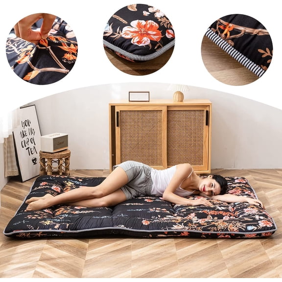 Black Floral Japanese Futon Floor Mattress, Bed Mattress Topper Portable Thick Sleeping Pad Floor Bed Roll Up Camping Mattress Folding Couch Bed Mattress Pad for Guest Room, Queen
