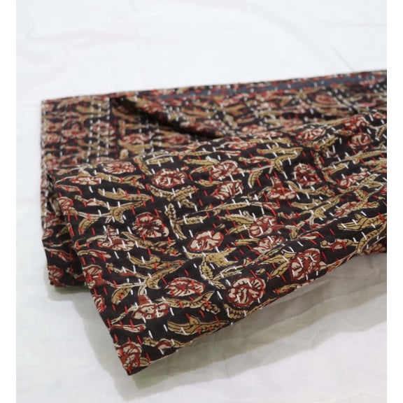 Black Floral Kantha Quilt, Handmade Cotton Bedspread, Indian Block Print Blanket, Boho Bedding Throw, Reversible Rustic Quilt Coverlet