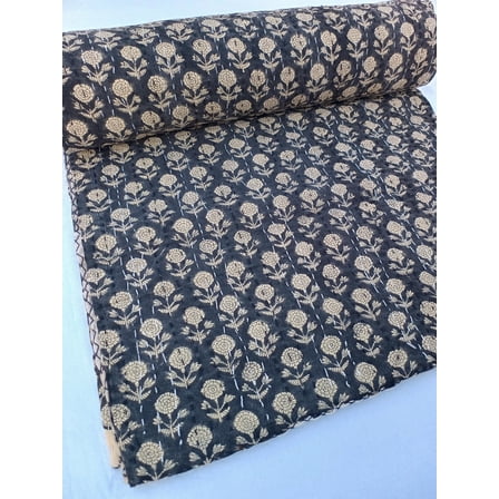 Black Floral Kantha Quilt – Soft Cotton Bedspread, Twin Size