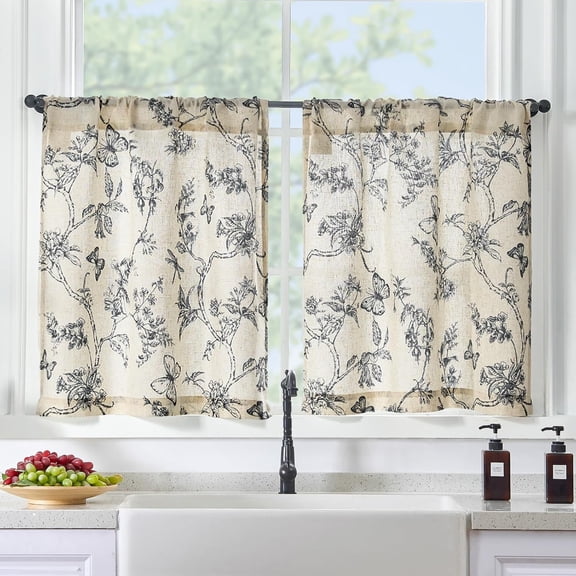 Black Floral Kitchen Curtains 24 Inch Length, Linen Farmhouse Cafe Rustic Country Small Curtains Rod Pocket Tiers, 2 Panels, Black on Beige