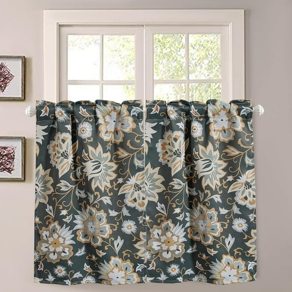 Black Floral Kitchen Curtains 36 Inch, Boho Vintage Farmhouse Blackout Cafe Curtains for Small Windows Tribal Country Flowers Short Panel for Kitchen Bathroom Living Room RV, Rod Pocket