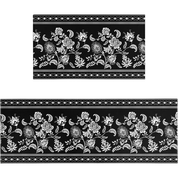 Black Floral Kitchen Rug Mat, Black and White Kitchen Rugs Sets of 2 Washable Non-Slip Black Kitchen Mats for Floor 2 Piece Black Kitchen Decor