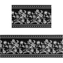 Black Floral Kitchen Rug Mat, Black and White Kitchen Rugs Sets of 2 Washable Non-Slip Black Kitchen Mats for Floor 2 Piece Black Kitchen Decor
