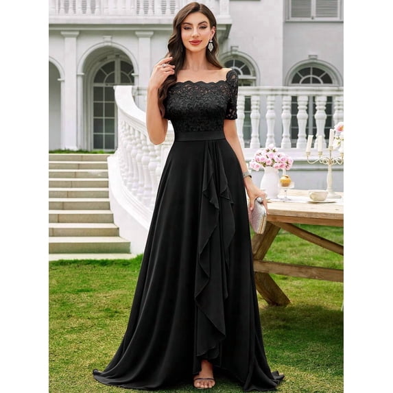 Black Floral Lace Boat Neck Chiffon Maxi Dress With Ruffle Hem A-Line