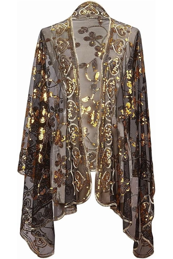 Black Floral Lace Embroidered Shawl Wraps Gold Sparkly Beaded Sequin Scarf Cape Flower Leaf Vine Pattern Vintage 1920S Long Sheer Pashmina Shawls for Women Evening Dress Wedding Bridal Party 1pc