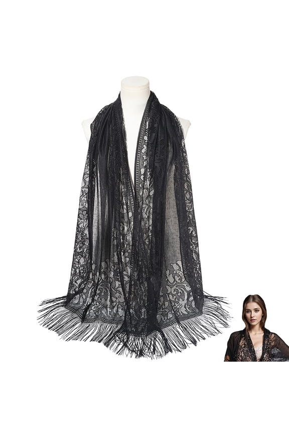 Black Floral Lace Shawl Wrap Gauze Lace Shawls and Wraps with Tassel Fringe Flower Pattern Hollow Breathable Solid Mesh Soft Summer Scarf for Women