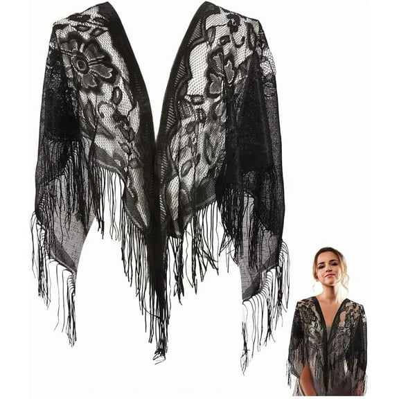 Black Floral Lace Shawl Wrap Triangle Lace Shawls and Wraps with Tassel Fringe Flower Pattern Hollow Breathable Solid Mesh Soft Summer Scarf for Women Formal Wedding Party Dress Accessories diy