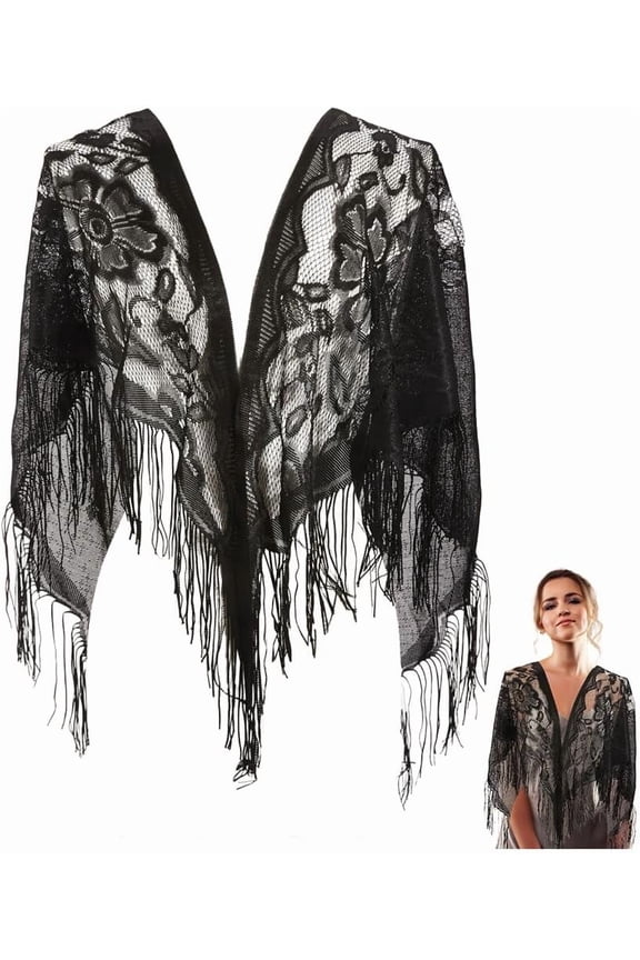 Black Floral Lace Shawl Wrap Triangle Lace Shawls and Wraps with Tassel Fringe Flower Pattern Hollow Breathable Solid Mesh Soft Summer Scarf for Women Formal Wedding Party Dress Accessories