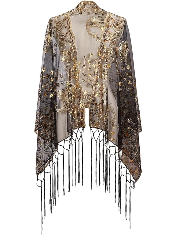 Black Floral Lace Shawl Wraps Sparkly Sequin Fringe Tassel Scarf with Gold Flower Peacock Patterns Vintage 1920S Long Chiffon Pashmina Shawls for Women Evening Dress Formal Wedding Party
