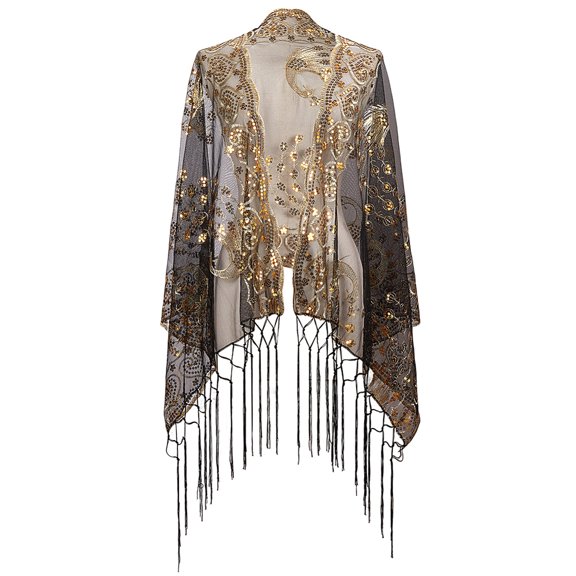 Black Floral Lace Shawl Wraps Sparkly Sequin Fringe Tassel Scarf with Gold Flower Peacock Patterns Vintage 1920S Long Chiffon Pashmina ShawlsDIY