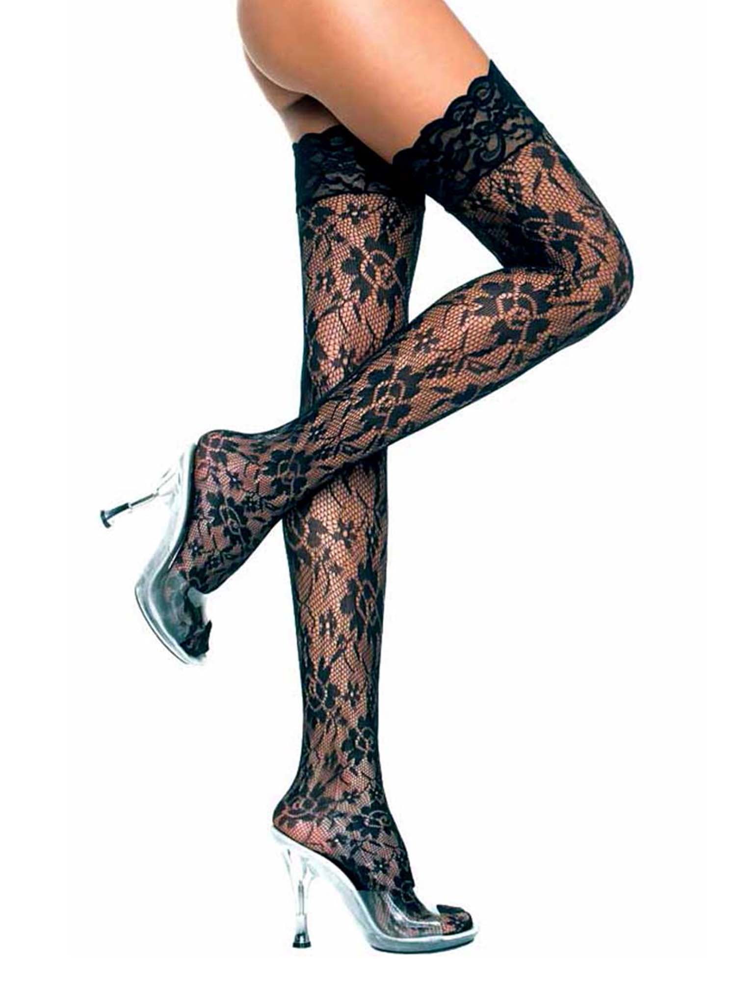 Women's A New Day Floral Print Faux Thigh High Tights, Black, S/M NEW 420