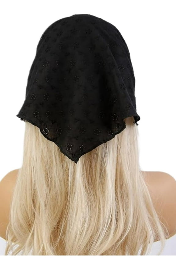 Black Floral Lace Triangle Head Scarf for Women, Lightweight Boho Head Wrap,Hair Cover, Headband Accessory - Soft Stretchy Fabric