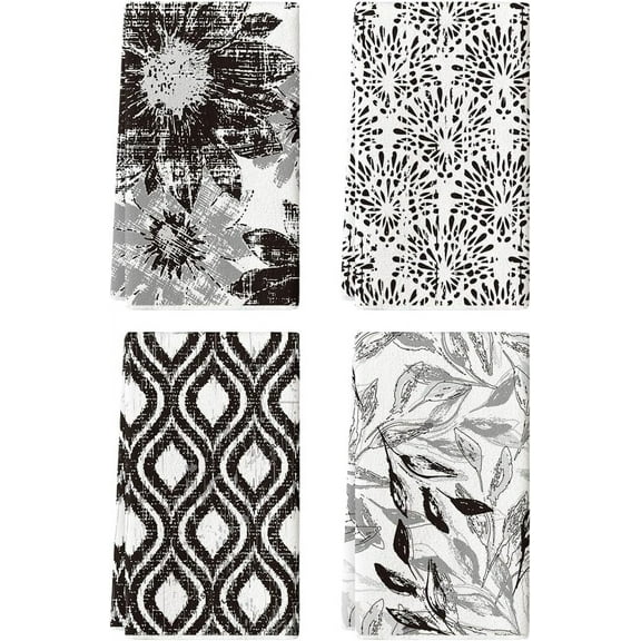 Black Floral Leaves Boho Kitchen Towels Dish Towels, 18x26 Inch Farmhouse Halloween Decoration Hand Towels Set of 4