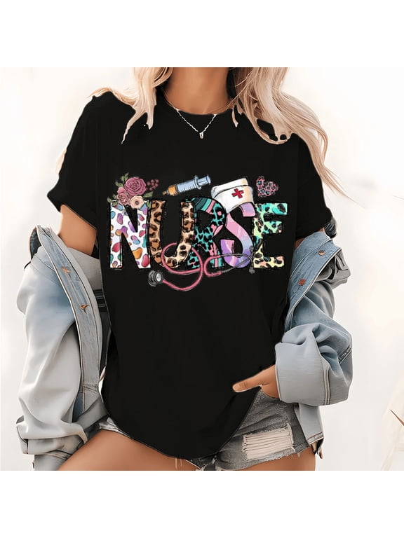 Black Floral Leopard Nurse Medical Graphic Tees Print Tshirt Women Shirts S-5XL Cotton Casual Tops