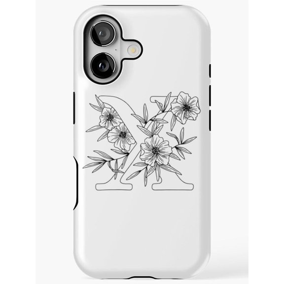 Black Floral Letter M Line Art Tough Phone Case, Polycarbonate and TPU, for Select Apple iPhone Models