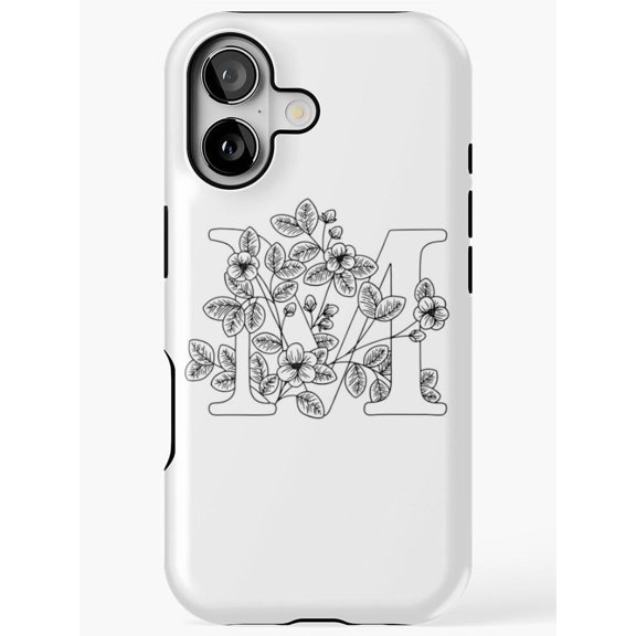 Black Floral Letter M Tough Case for Apple iPhone, Dual-Layer Polycarbonate and TPU