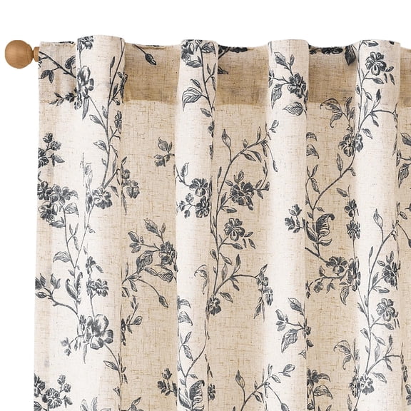 Black Floral Linen Curtains 63 Inch Farmhouse Tab Drapes For Living Room Bedroom Light Filtering Vintage Grandmillennial Rod Pocket 2 Panels W38 X L63 On Beige