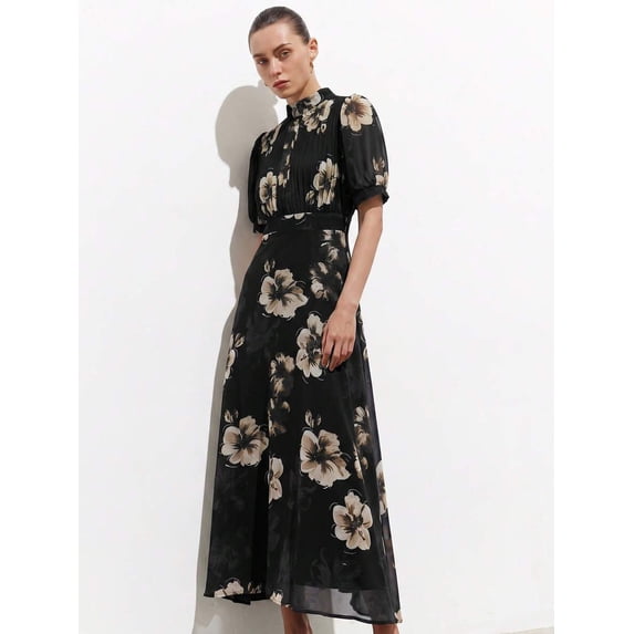 Black Floral Maxi Dress With Puff Sleeve, Pleated High Neck Chiffon For Spring Summer
