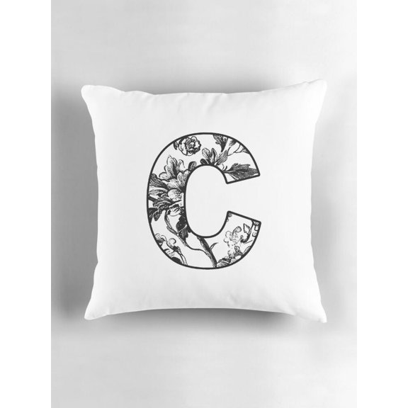 Black Floral Monogram C Throw Pillow Cover, Double-Sided Print, Cover Only