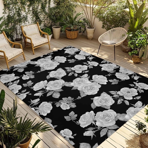Black Floral Outdoor Rug 5x7 Ft - Reversible Patio Rug Outdoor Camping Rugs, Farmhouse Garden Flowers Botanical Washable Indoor Outdoor Area Rugs, Non-Slip Outdoor Carpet Runner for Deck/Porch