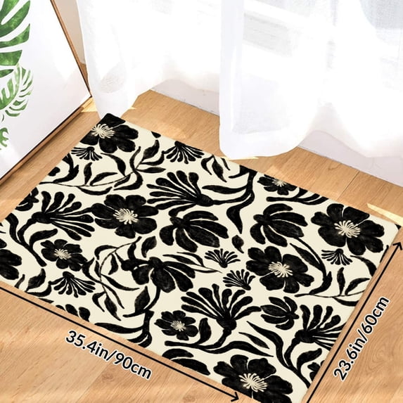 Smallest Pattern Black Floral Pattern On Cream Soft Small Velvet Area Rugs Non Slip ...