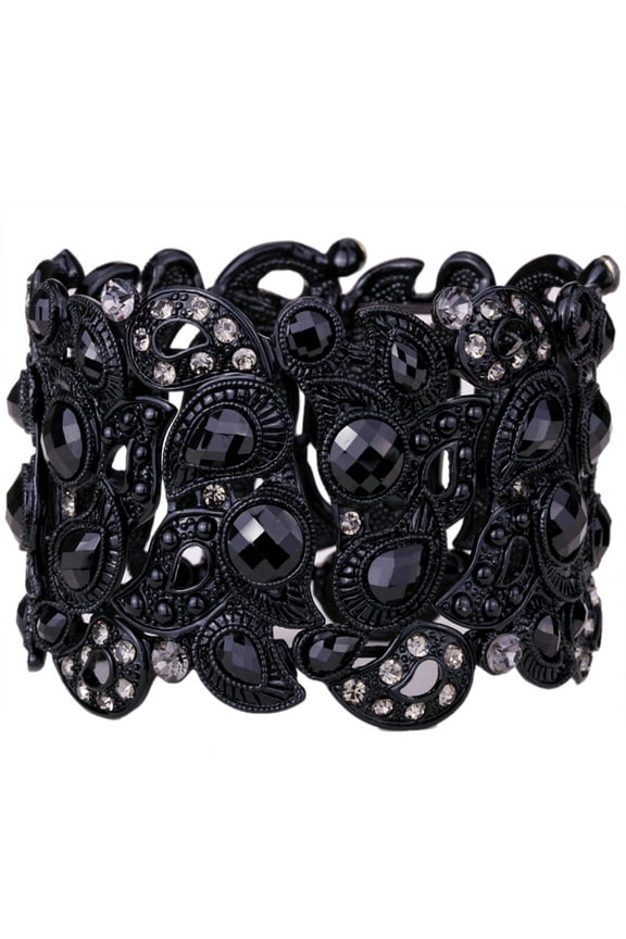 Black Floral Pattern Stretch Cuff Bracelet for Women Fit Wrist Circumference 6 to 7.5 inch