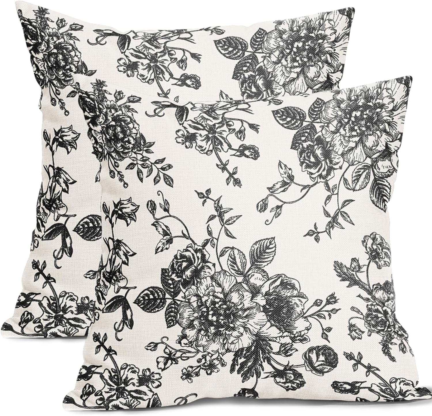 Black & White Floral Pillow Covers Set Of 2 – Linen Farmhouse Decor For Couch, Bed, Or Outdoor