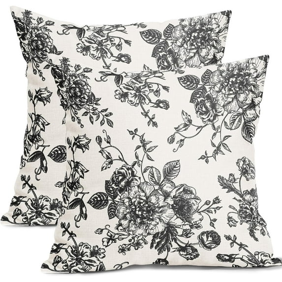 Black Floral Pillow Covers 20x20 Inch Vintage Flower Black White Decorative Throw Pillow Covers Set of 2 Farmhouse Pillowcases Cotton Linen Square Cushion Covers For Couch Bed Sofa Chair Car Decor
