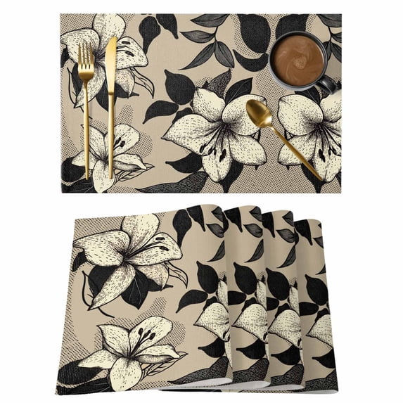 Black Floral Placemats Set of 8 Vintage Khaki Floral Retrp Plant Leaf Place Mats Indoor Wipeable Table Mats Washable Cloth Dining Table Placemats for Kitchen Holiday Party Home Decor 13x19 Inch