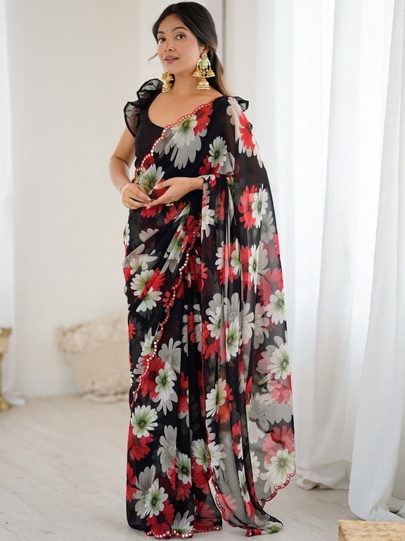 Black Floral Print Designer Saree with Mirror Lace Border and Blouse