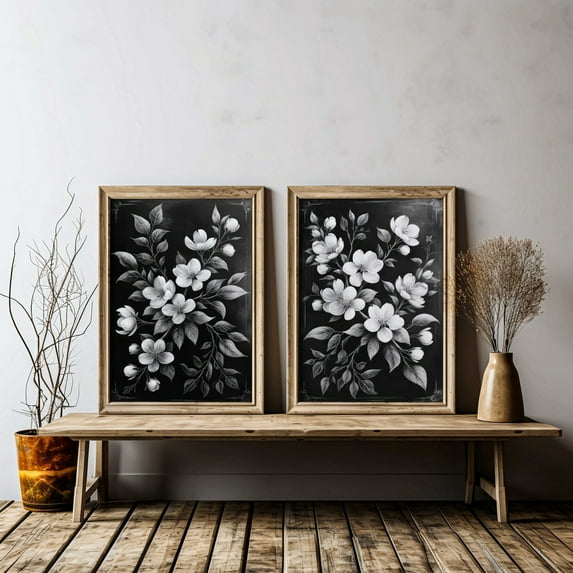 Black Floral Print Floral Farmhouse Art Black White Flower Art Black Wall Decor Country Home Decor Set 2 Stretched Canvas 12x18