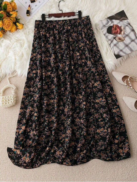 Black Floral Print Flowing Maxi Skirt For Women Summer Vacation Casual Skirt