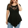 thumbnail image 1 of Black Floral Print Loose Fit Plus Size Tee Shirts for Women Fall Summer Short Sleeve Crewneck Lace Spandex Plain Tops Shirt Ladies 2025 Clothing Country Concert Y2K XL, 1 of 8