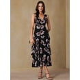 thumbnail image 1 of Black Floral Print V-Neck Sleeveless Ruffle Hem Maxi Dress, Lightweight Chiffon, Slimming Waist, Elegant Romantic Style, 1 of 7