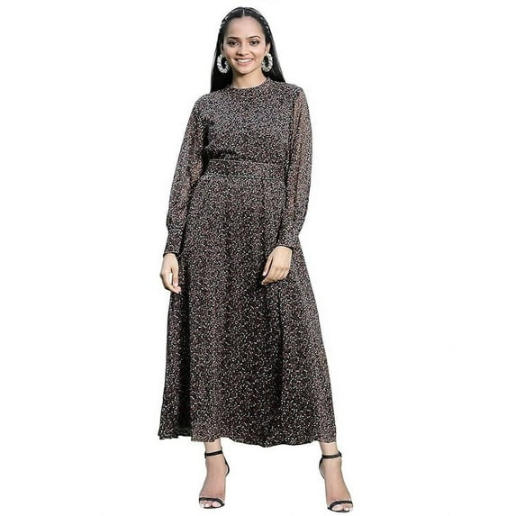 Black Floral Printed Chiffon Flared Maxi Dress With Buttons.