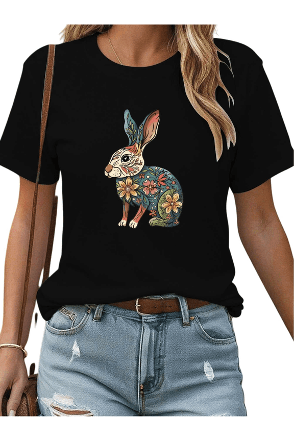 Black Floral Rabbit Print Tshirt Graphic Tees Shirts Colorful Botanical Animal Design Spring Easter Casual Daily Tops S-5XL