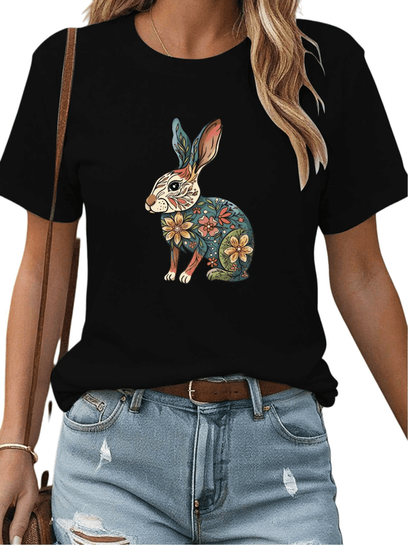 Black Floral Rabbit Print Tshirt Graphic Tees Shirts Colorful Botanical Animal Design Spring Easter Casual Daily Tops S-5XL