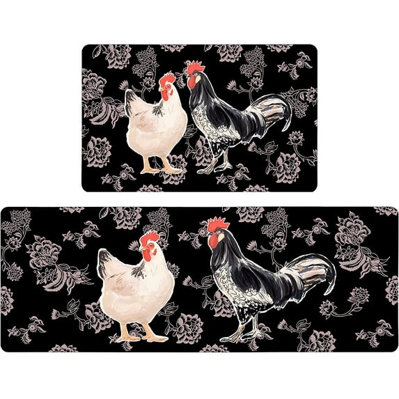 Black Floral Rooster Farmhouse Kitchen Rugs Set 2 Piece Colorful Seasonal Decorative Rug for Kitchen Low-Profile Floor Mats Decorations for Home Kitchen 17x48+17x30 Inches