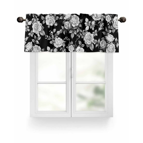 Black Floral Rose Kitchen Valances for Windows Vintage Leaf Flower Valance Curtains&nbsp; for Kitchen /Living Room/Bedroom/ Bathroom Decor, 54"x18 " ,Rod Pocket 1 Panel,