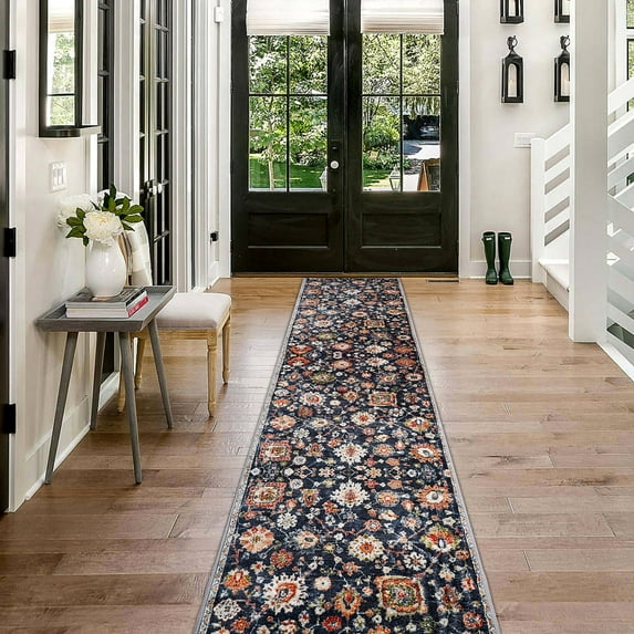 Black Floral Runner Rug 2x10ft - Boho Rug Pet Friendly Washable Kitchen Rugs - Ideal for Hallway, Entryway, Living Room