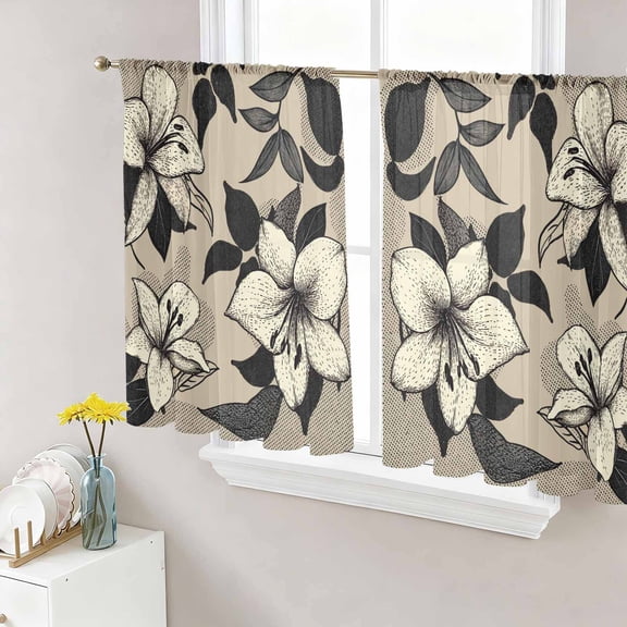 Black Floral Semi Sheer Window Curtains 45 Inches Long, Vintage Khaki Floral Retrp Plant Leaf Rod Pocket Voile Silky Chiffon Curtain Light Filtering Drapes for Living Room, Kitchen, 52"x45", 2 Panels
