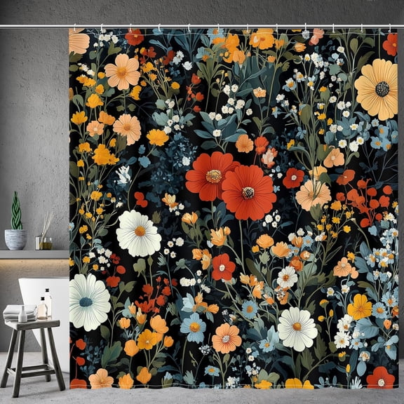 Black Floral Shower Curtain - Colorful Red Dark Flowers Spring Plants Boho Chic Botanical Leaves Fabric Cloth Bath Shower Curtain Set with 12 Hooks for Bathroom Decor Accessories, 72"x72"
