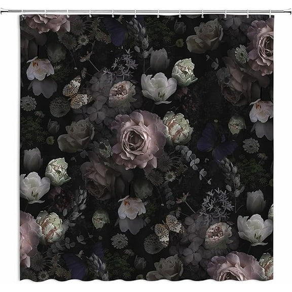 Black Floral Shower Curtain Retro Flower Blossom Rustic Rose Watercolor Peony Vintage Leaves Spring Plant Boho Woman Fabric Bathroom Decor Set With Hooks 48"W x 72"L