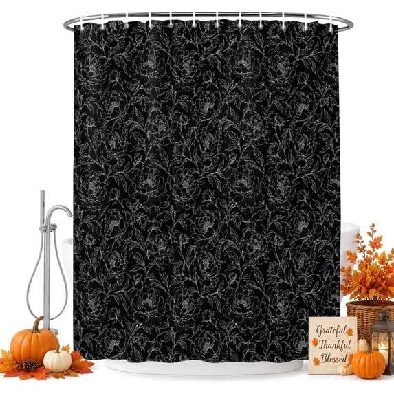 Black Floral Shower Curtain Set - 72" x 78" Washable Bathtub Curtain with 12 Hooks, Elegant Pastoral Flowers Abstract Art Waterproof Fabric Stall Shower Curtains for Bathroom/Bathtub Décor