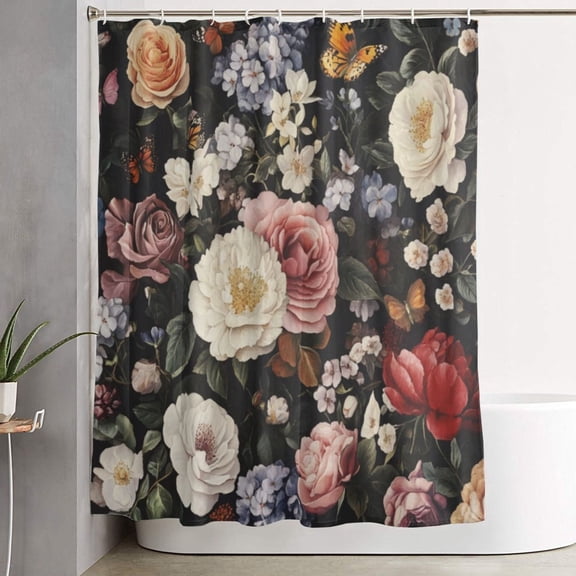 Vintage Floral Shower Curtain Black Watercolor Blossom Rose Peony Bathroom Shower Curtain Rustic Botanical Aesthetic Waterproof Durable Bath Curtain with 10 Hooks 60x72 Inches