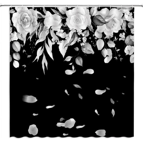 Black Floral Shower Curtain Vintage Flower Retro Bloosom Rose Peony White Gray Leaves Rustic Plant Chic Unique Woman Fabric Home Bathroom Decor Set with Hooks（36" WX70 H）