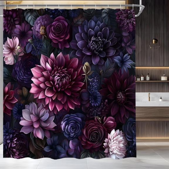 Black Floral Shower Curtain Vintage Purple Pink Watercolor Flower Farmhouse Gothic Boho Aesthetic Fabric Bathroom Decor Set-60"W x 72"L (Pack of 1)
